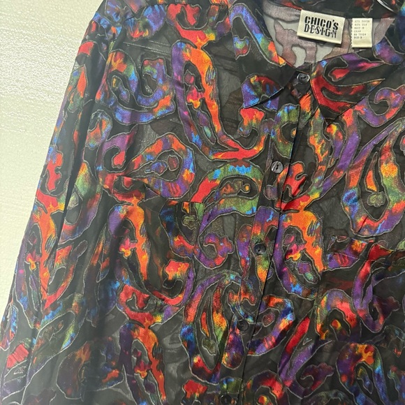 Vintage Chicos Top 3 XL Colorful Paisley Art To Wear Sheer Abstract Silk Rayon - Picture 3 of 10